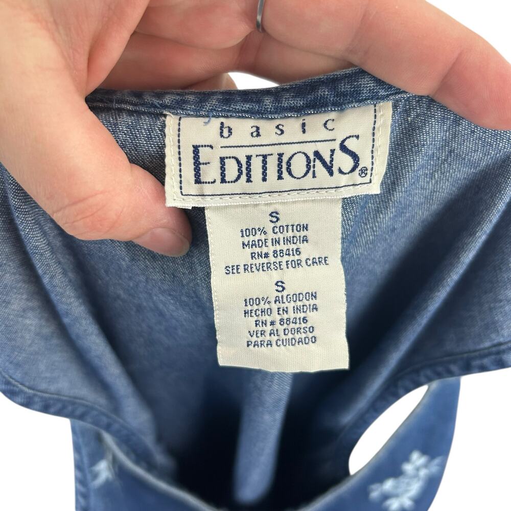 Vintage Embroidered Denim Dress Floral Sleeveless Button Side Blue Womens Small - Picture 6 of 11